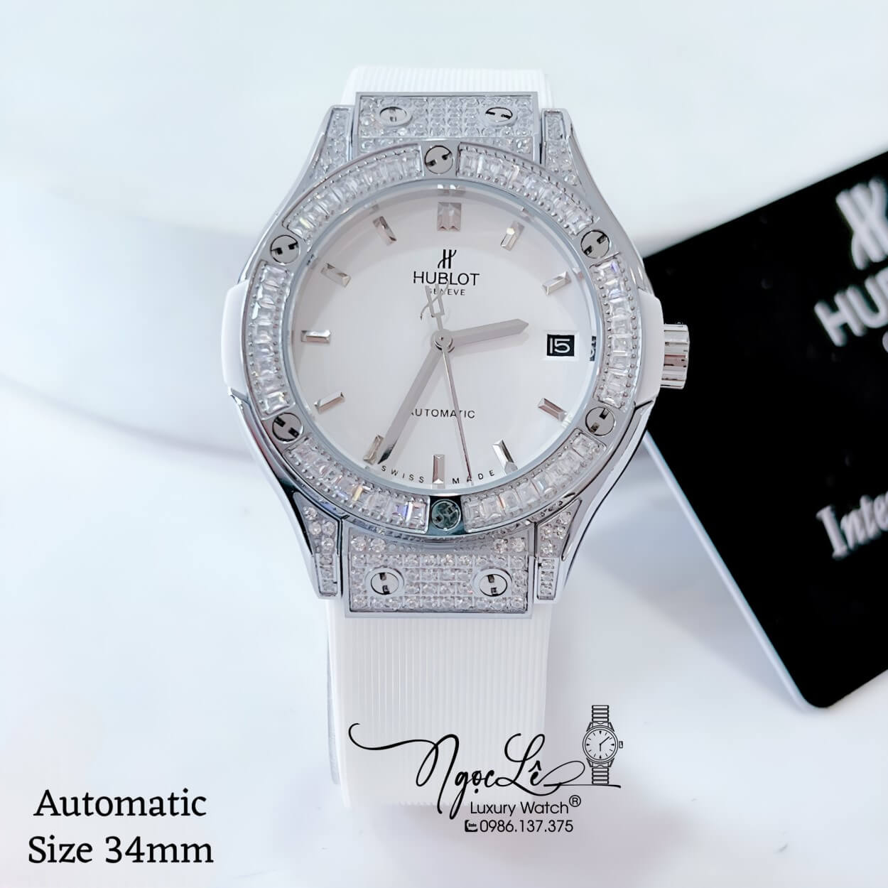 Đồng Hồ Hublot Classic Fusion Nữ Máy Cơ Tự Động Dây Silicon Trắng Đính Đá Vỏ Silver Size 34mm