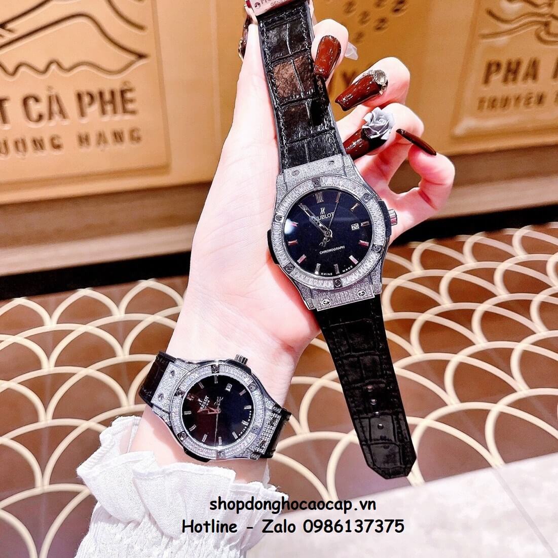 Đồng Hồ Cặp Hublot Classic Fusion Quartz Dây Da Silicon Đen Mặt Đen