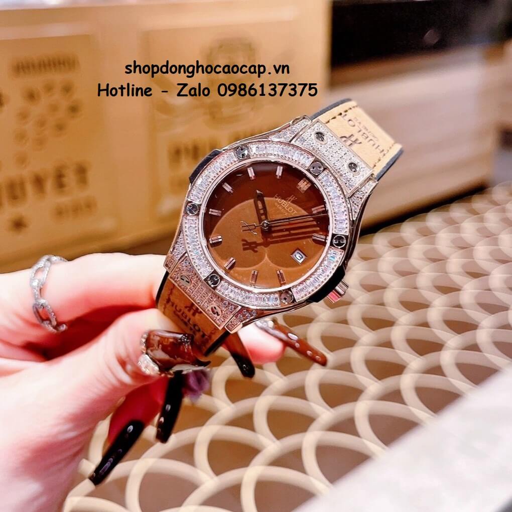 Đồng Hồ Cặp Hublot Classic Fusion Quartz Dây Da Silicon Nâu Rose