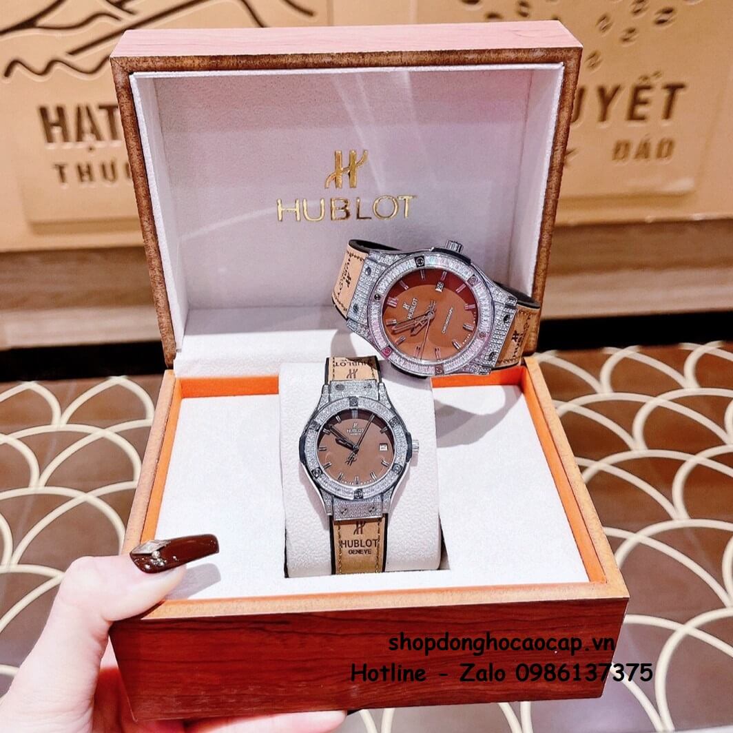 Đồng Hồ Cặp Hublot Classic Fusion Quartz Dây Da Silicon Nâu Silver