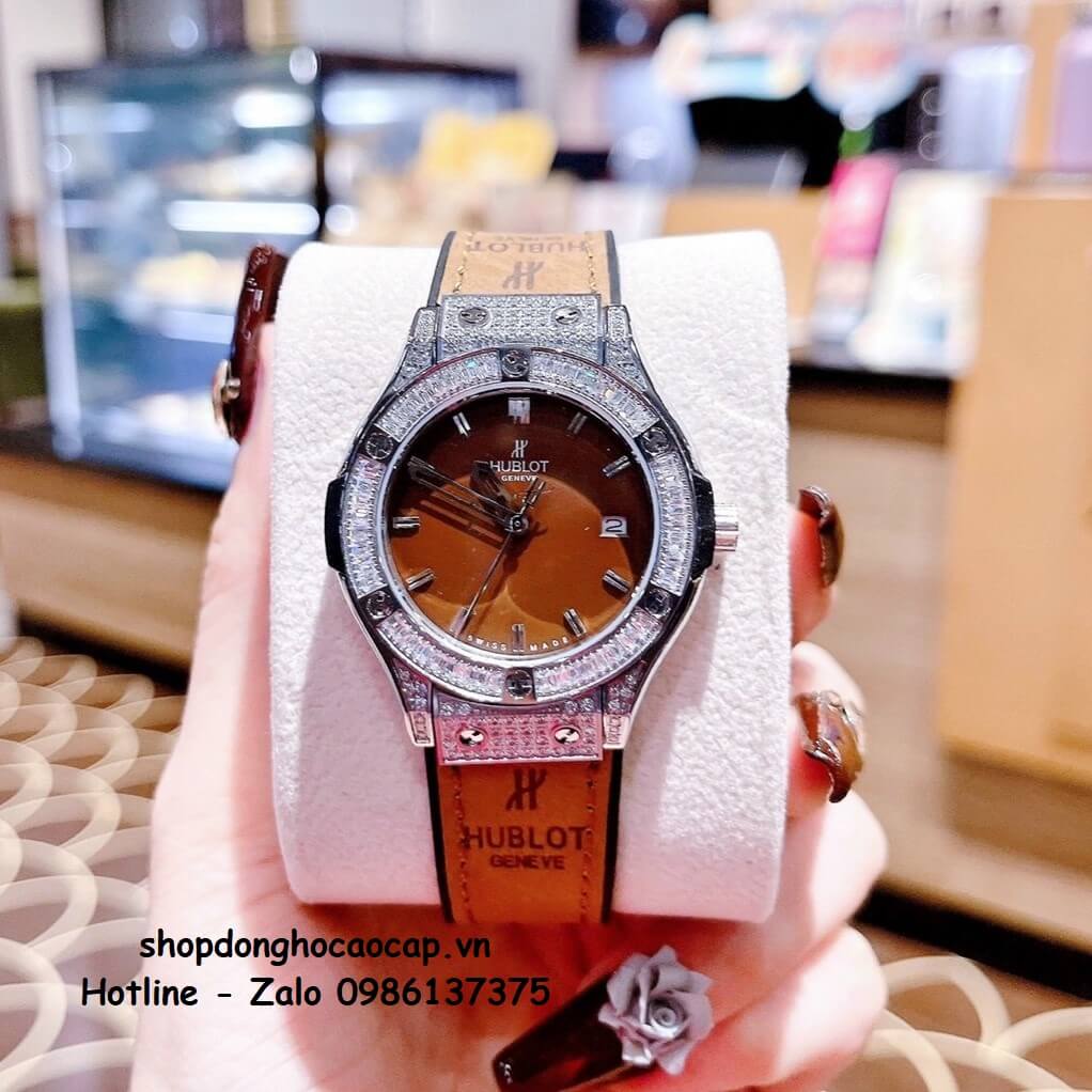 Đồng Hồ Cặp Hublot Classic Fusion Quartz Dây Da Silicon Nâu Silver