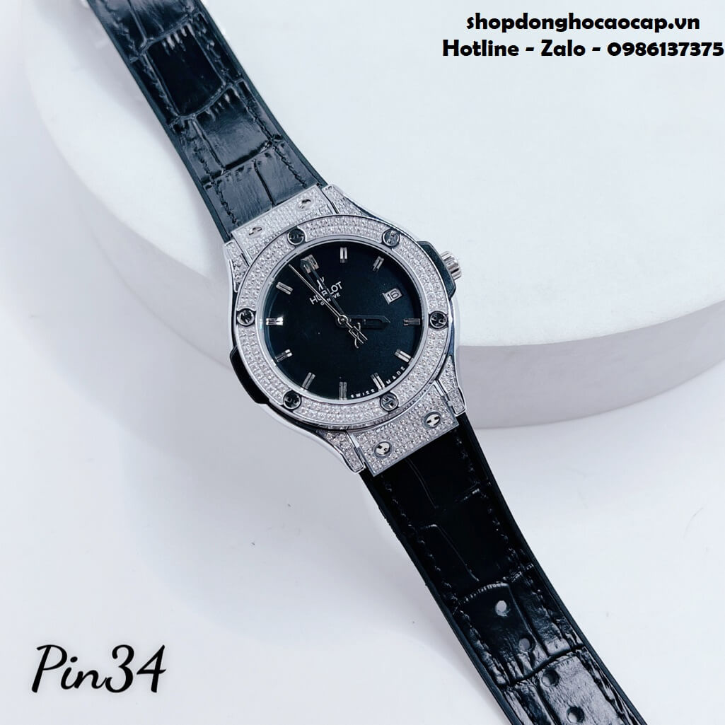 Đồng Hồ Nữ Hublot Classic Fusion Dây Da Silicon Đen 34mm Đính Đá Mịn