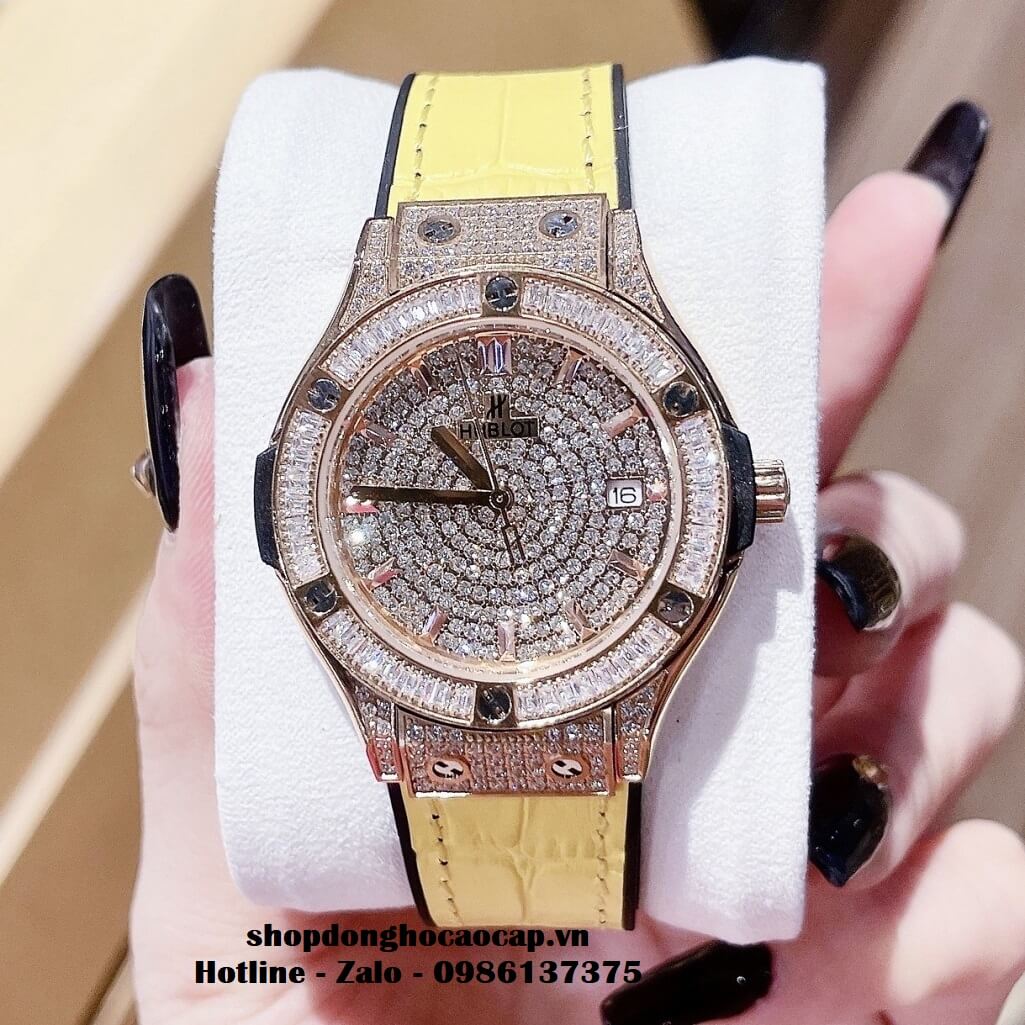 Đồng Hồ Hublot Classic Fusion Dây Da Silicon Vàng Đính Đá Rose