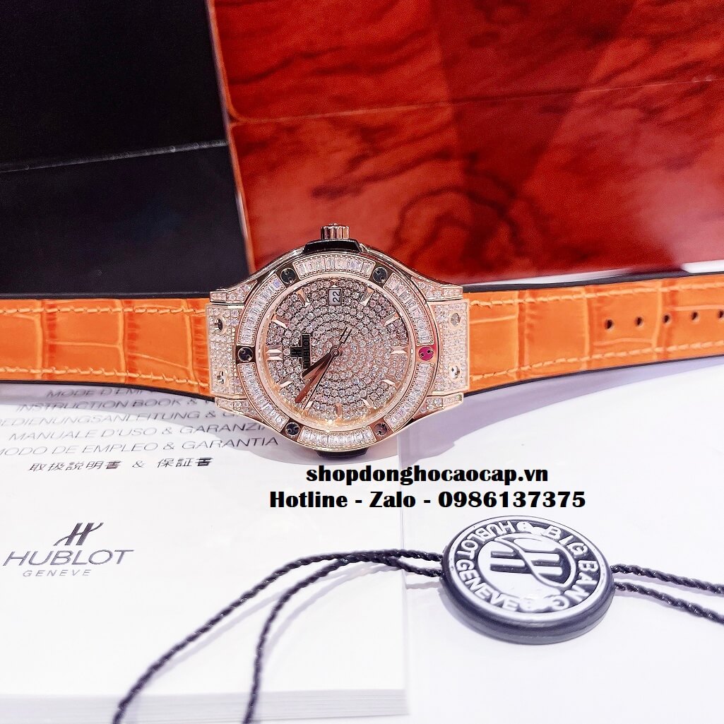 Đồng Hồ Hublot Classic Fusion Dây Da Silicon Cam Đính Đá Rose 34mm