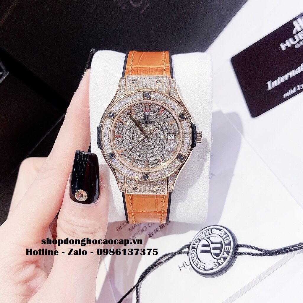 Đồng Hồ Hublot Classic Fusion Dây Da Silicon Cam Đính Đá Rose 34mm