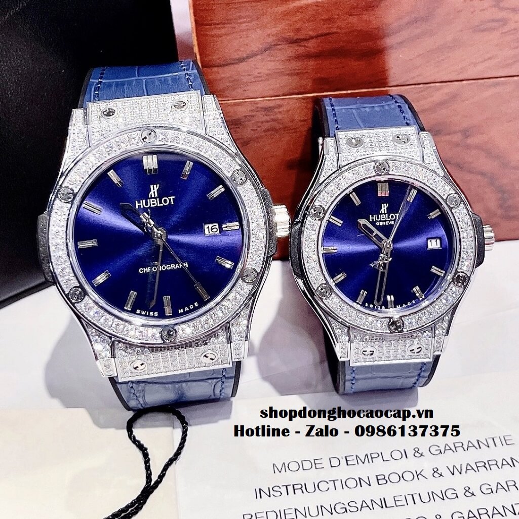 Đồng Hồ Cặp Hublot Classic Fusion Quartz Da Silicon Xanh Đính Đá Bạc