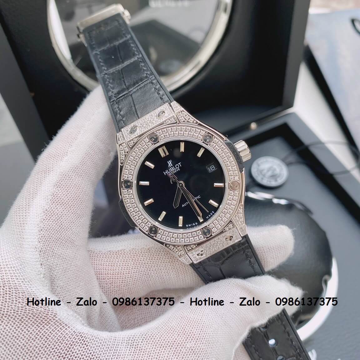 Đồng Hồ Hublot Automatic Nữ Dây Da Silicon Đen Đính Đá