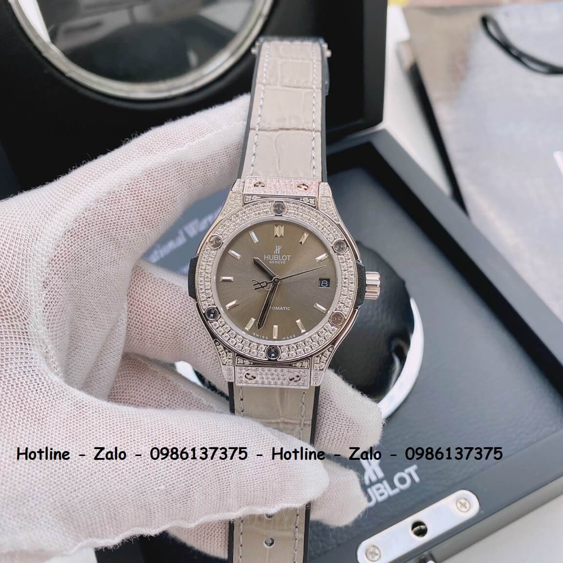 Đồng Hồ Hublot Automatic Nữ Dây Da Silicon Xám Đính Đá