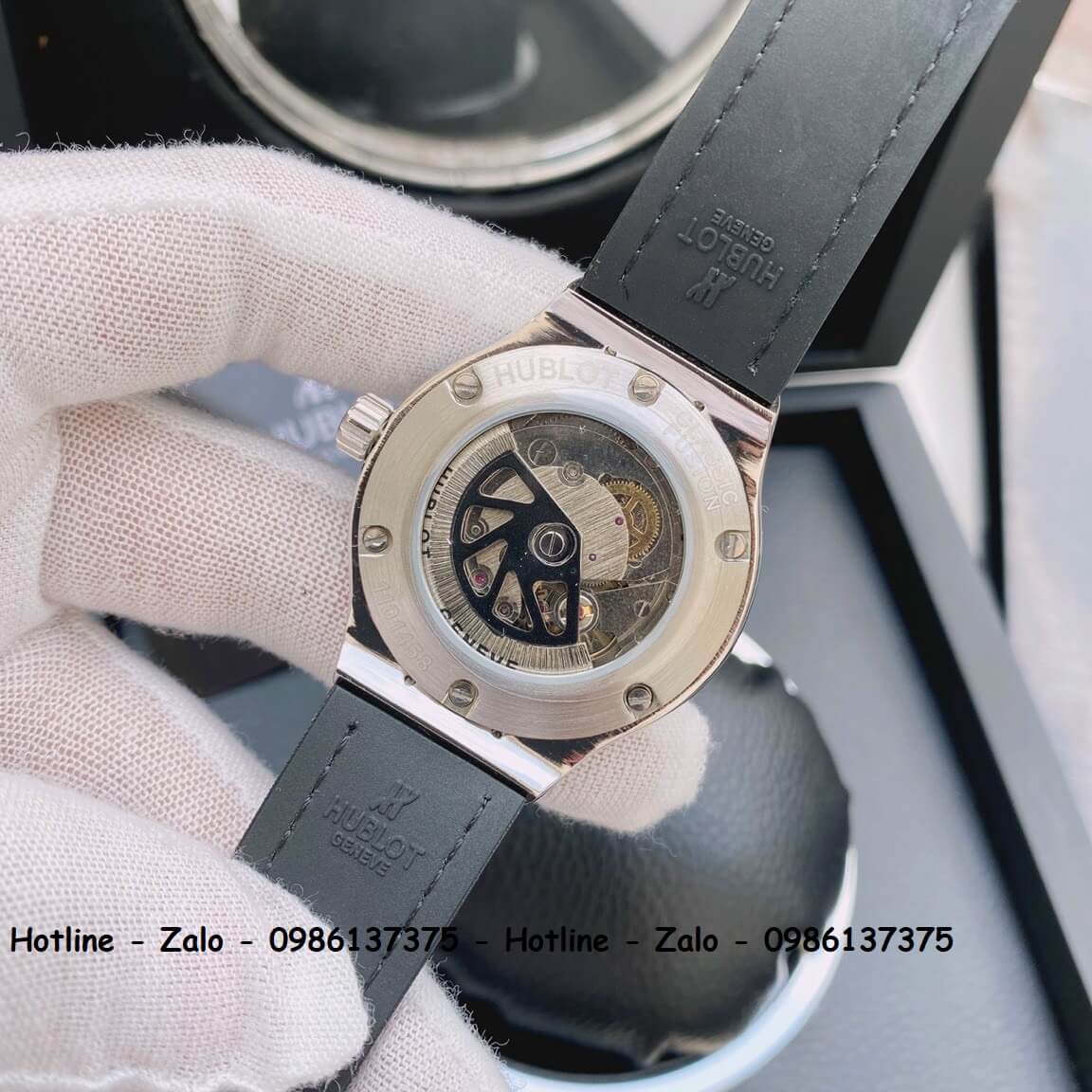 Đồng Hồ Hublot Automatic Nữ Dây Da Silicon Xám Đính Đá