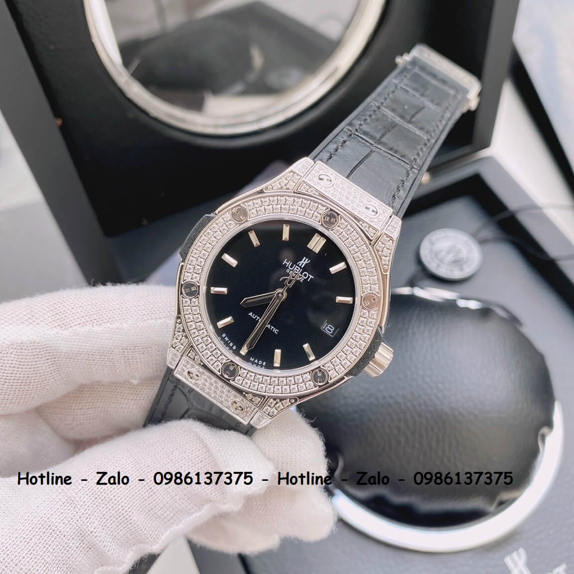 Đồng Hồ Hublot Automatic Nữ Dây Da Silicon Đen Đính Đá