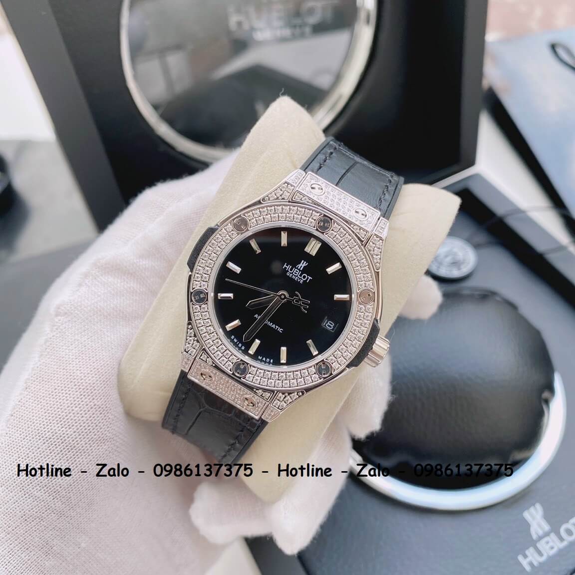 Đồng Hồ Hublot Automatic Nữ Dây Da Silicon Đen Đính Đá