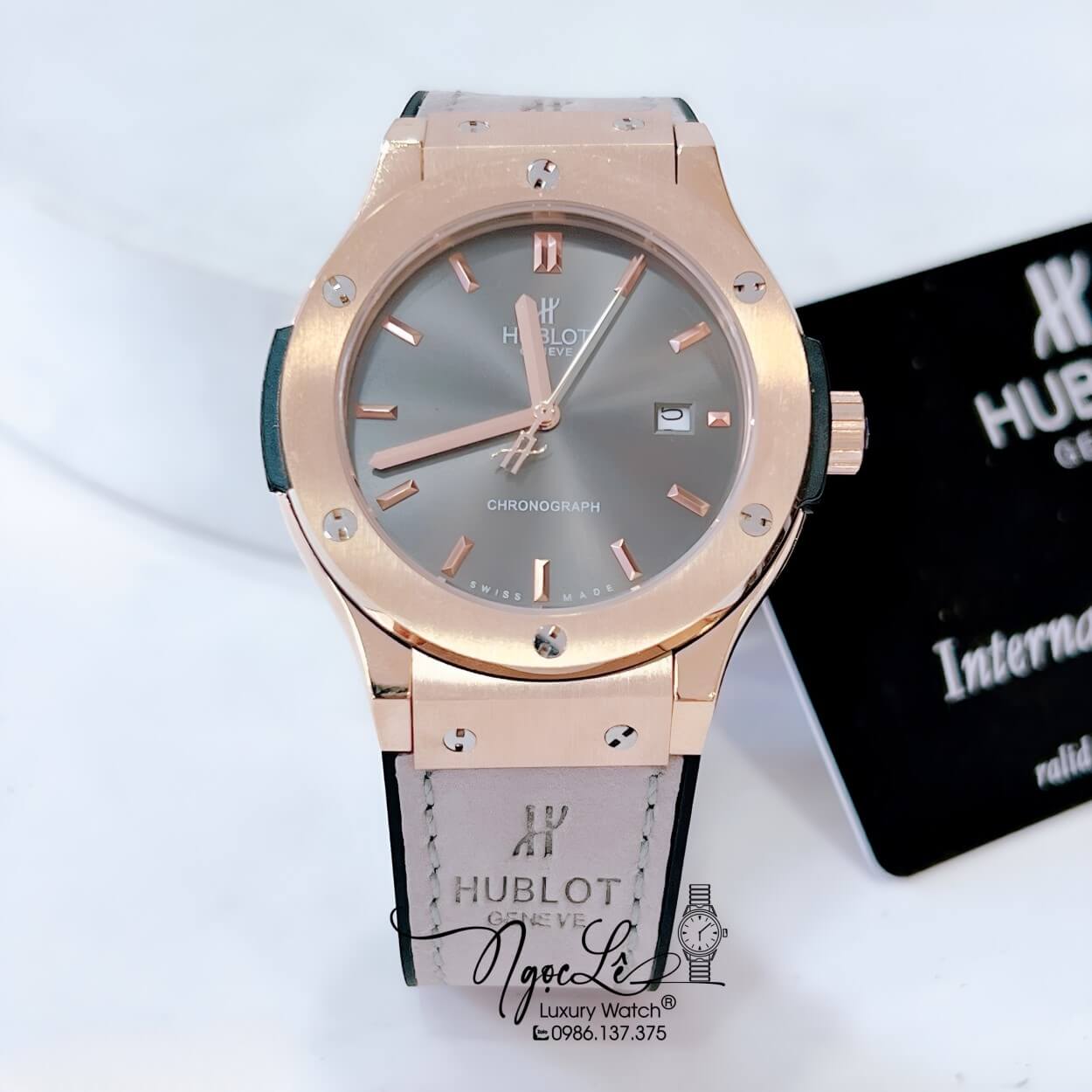 Đồng Hồ Hublot Classic Fusion Nam Máy Pin Dây Da Silicon Xám Vỏ Rose Size 38mm