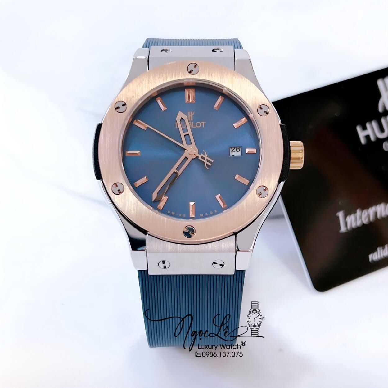 Đồng Hồ Hublot Classic Fusion Nam Máy Pin Dây Silicon Xanh Navy Vỏ Demi Rose Size 38mm