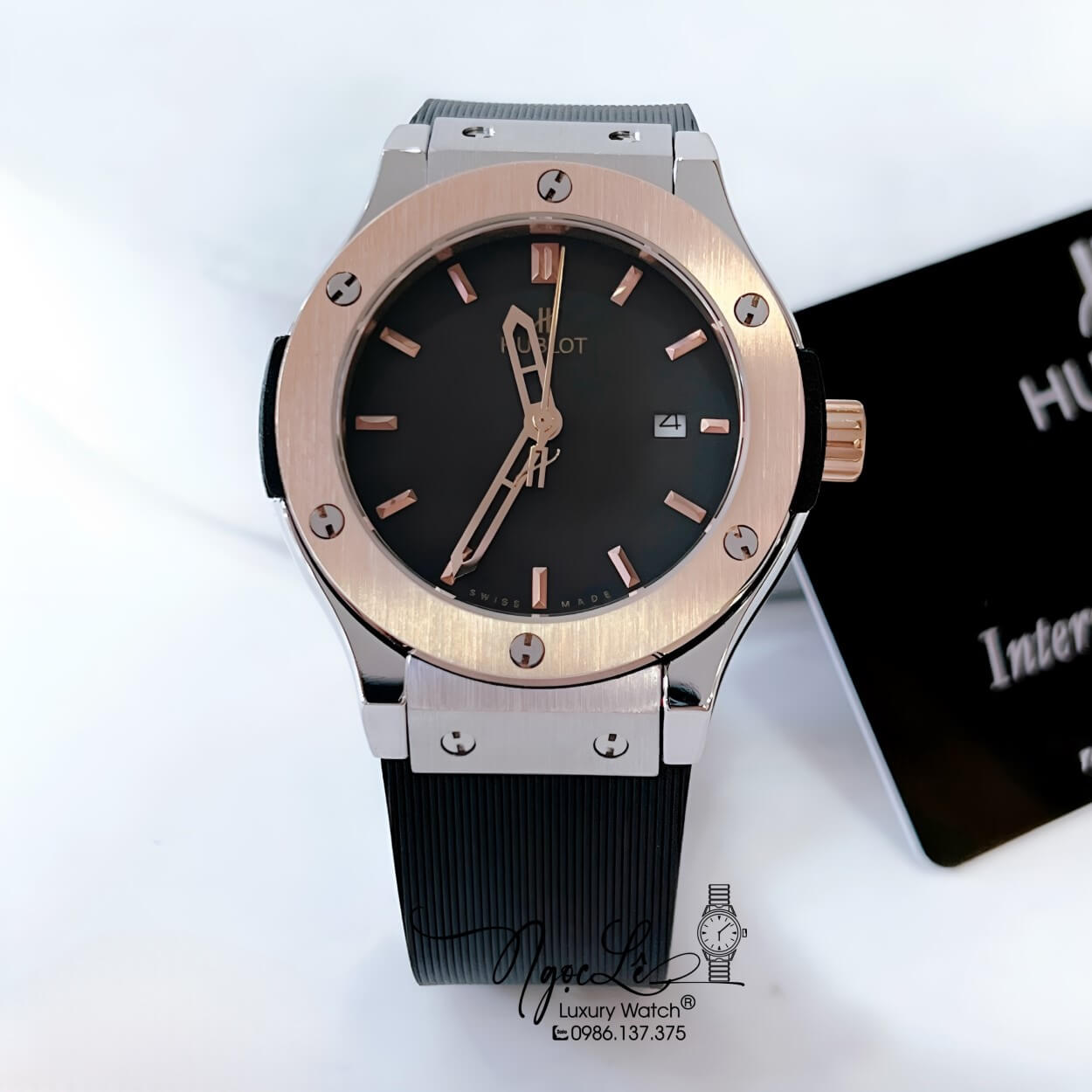 Đồng Hồ Hublot Classic Fusion Nam Máy Pin Dây Silicon Đen Mặt Đen Vỏ Demi Rose Size 38mm