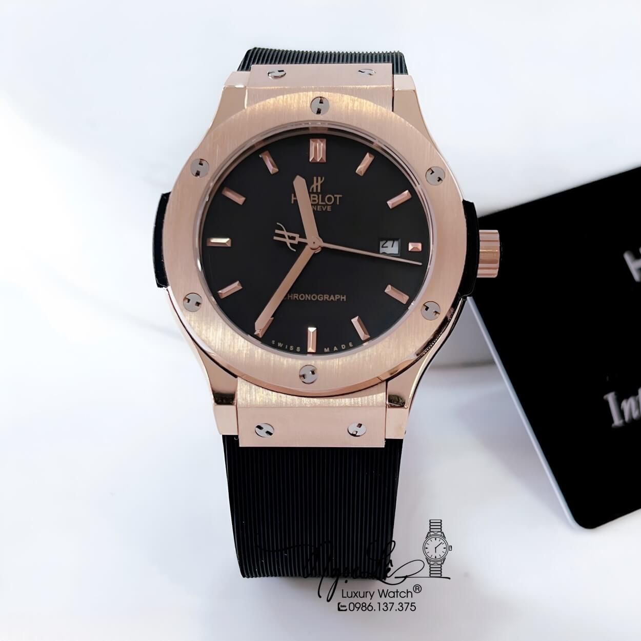 Đồng Hồ Hublot Classic Fusion Nam Máy Pin Dây Silicon Đen Mặt Đen Vỏ Rose Size 38mm