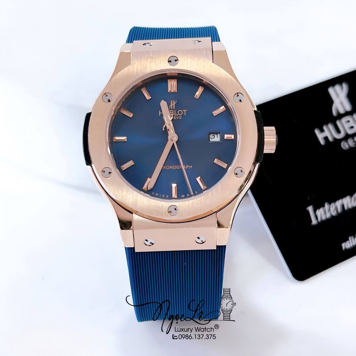 Đồng Hồ Hublot Classic Fusion Nam Máy Pin Dây Silicon Xanh Navy Vỏ Rose Size 38mm