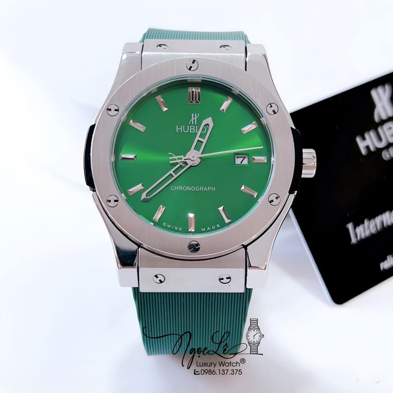 Đồng Hồ Hublot Classic Fusion Nam Máy Pin Dây Silicon Xanh Lá Vỏ Thép Silver 42mm