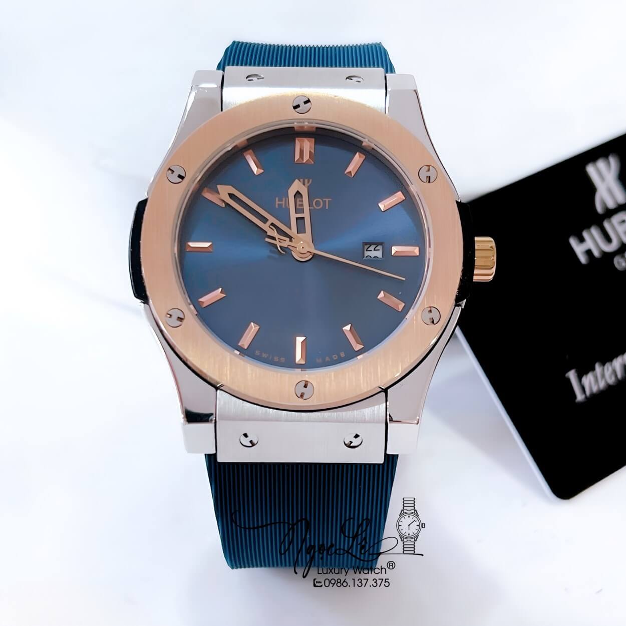 Đồng Hồ Hublot Classic Fusion Nam Máy Pin Dây Silicon Xanh Navy Vỏ Demi Rose Size 42mm