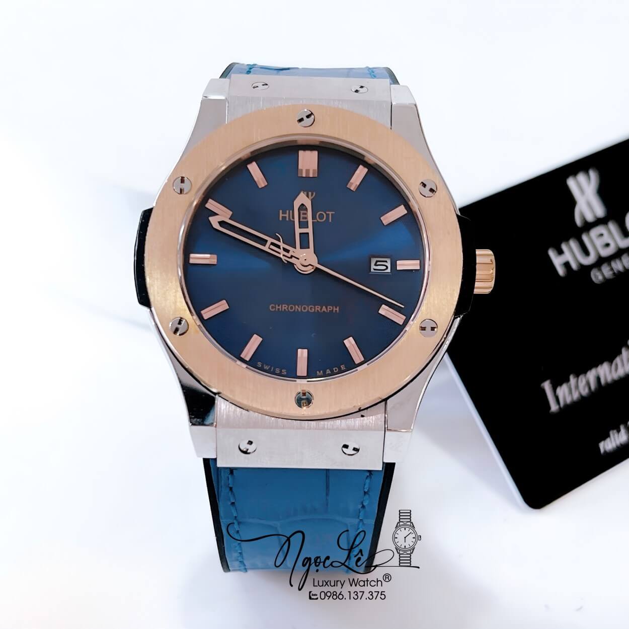 Đồng Hồ Hublot Classic Fusion Nam Máy Pin Dây Da Silicon Xanh Navy Vỏ Demi Rose Size 42mm