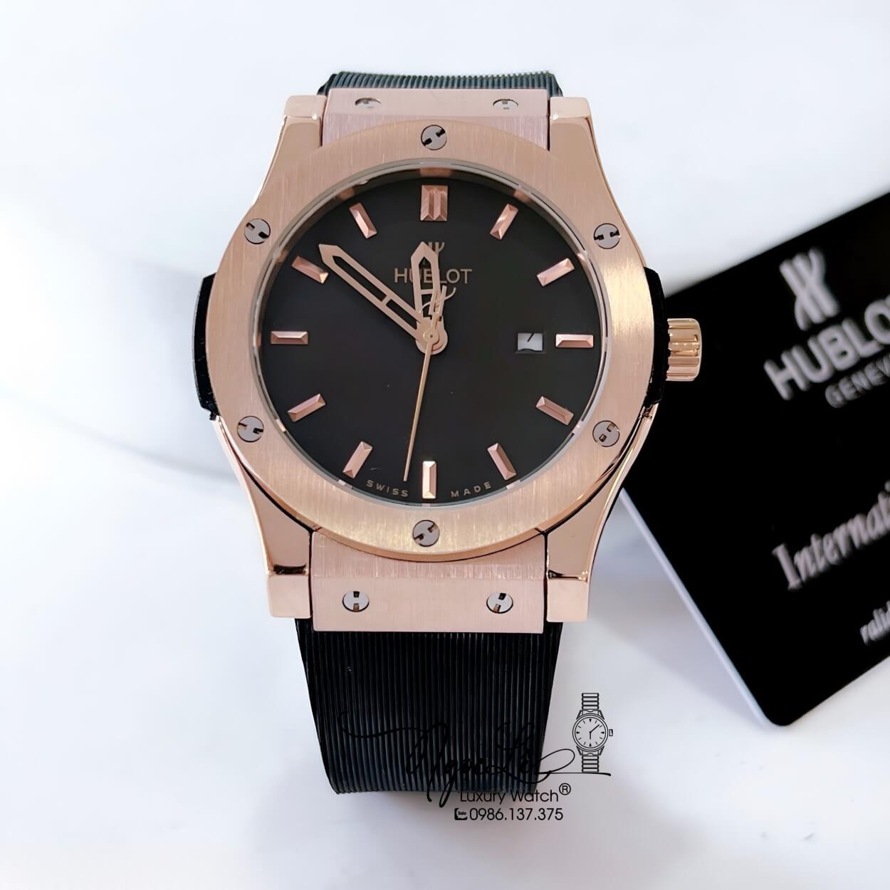 Đồng Hồ Hublot Classic Fusion Nam Máy Pin Dây Silicon Đen Vỏ Rose Size 42mm