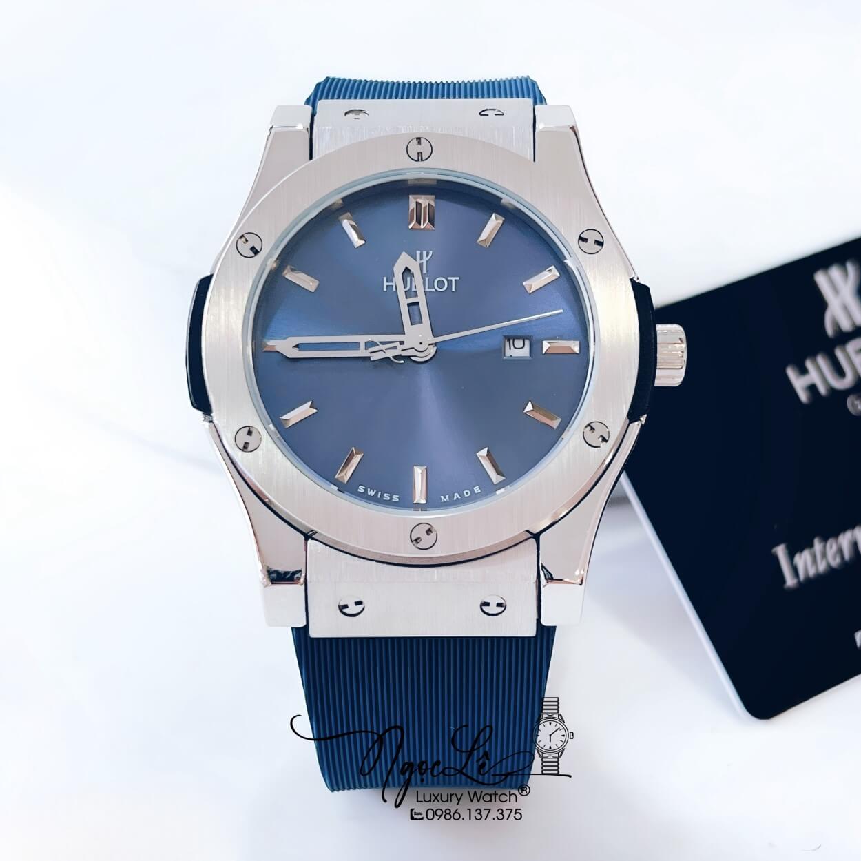 Đồng Hồ Hublot Classic Fusion Nam Máy Pin Dây Silicon Xanh Navy Vỏ Bạc Size 42mm