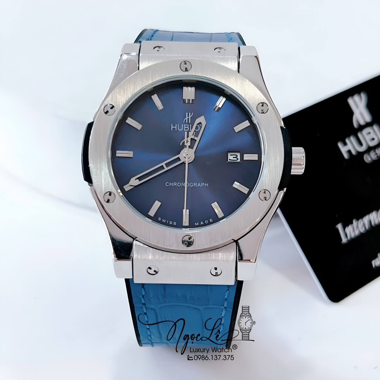 Đồng Hồ Hublot Classic Fusion Nam Máy Pin Dây Da Silicon Xanh Navy Vỏ Bạc Size 42mm