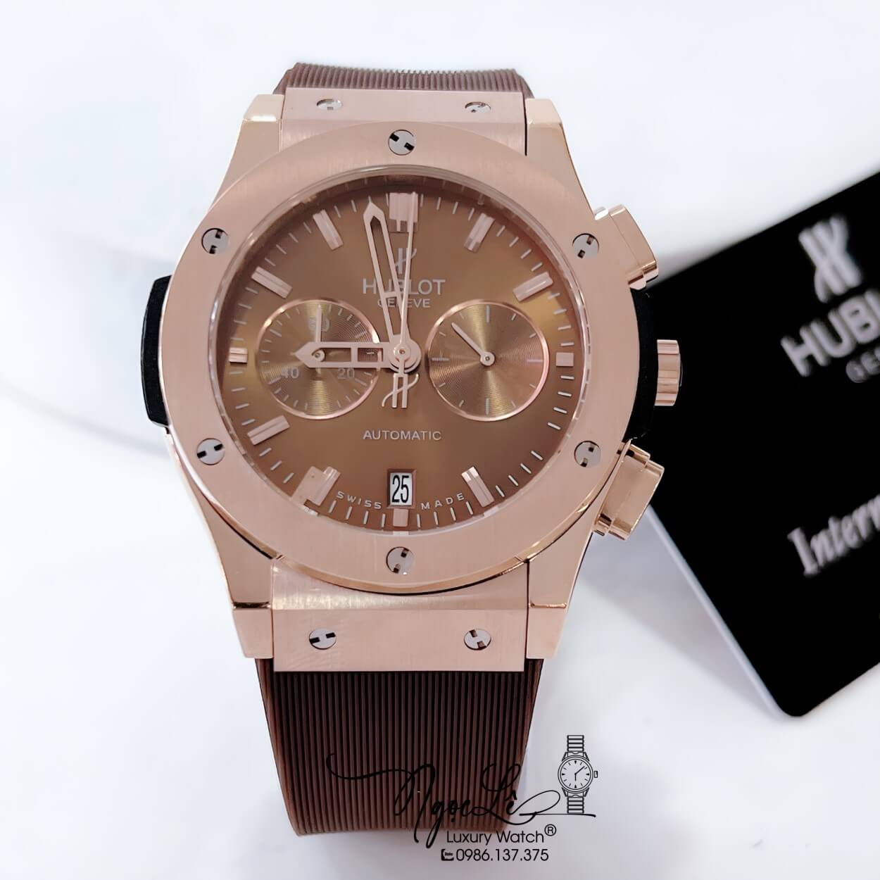 Đồng Hồ Hublot Classic Fusion Nam Máy Pin 5 Kim Dây Silicon Nâu Vỏ Rose 42mm