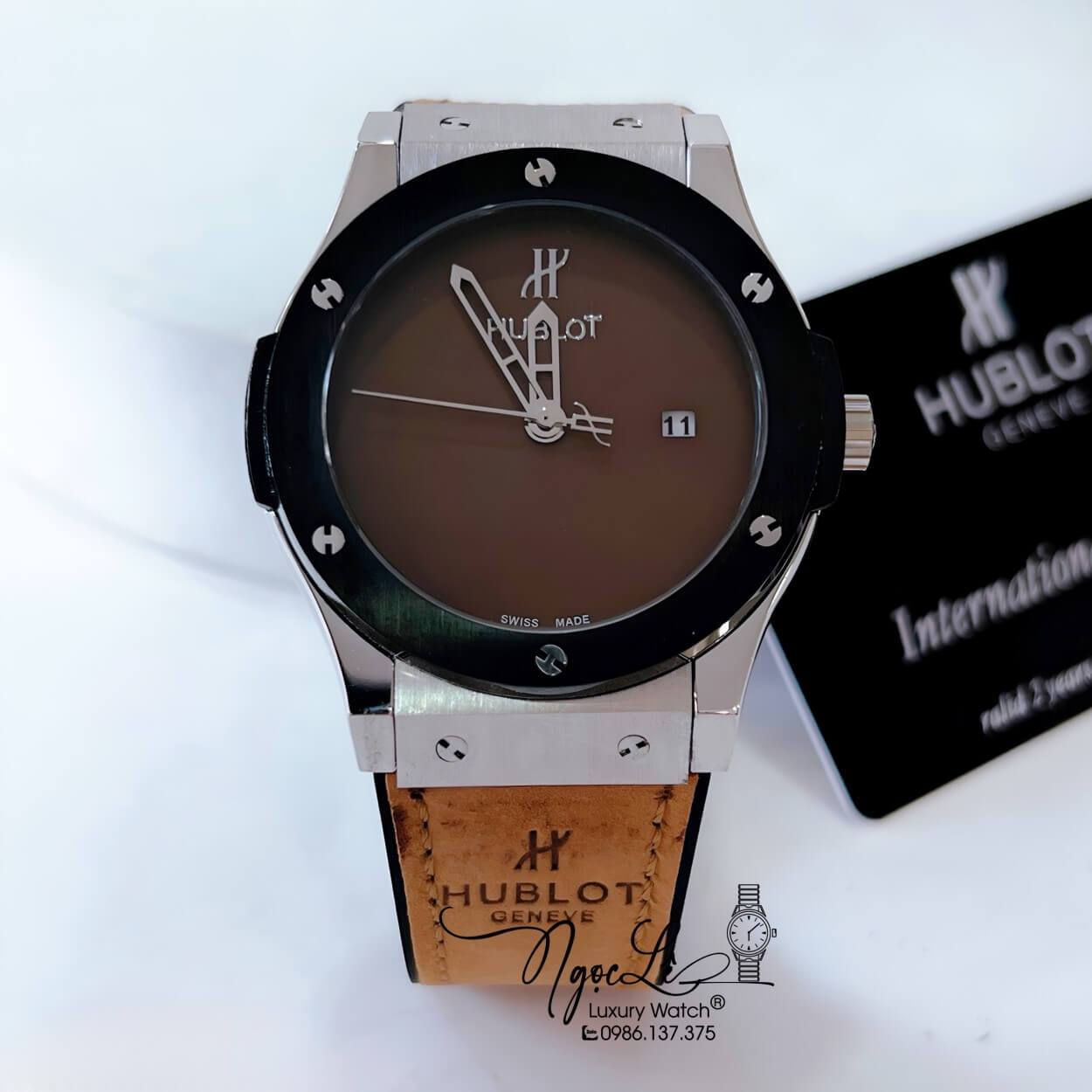 Đồng Hồ Hublot Classic Fusion Nam Máy Pin Dây Da Silicon Nâu Bò Vỏ Thép Đen Size 42mm