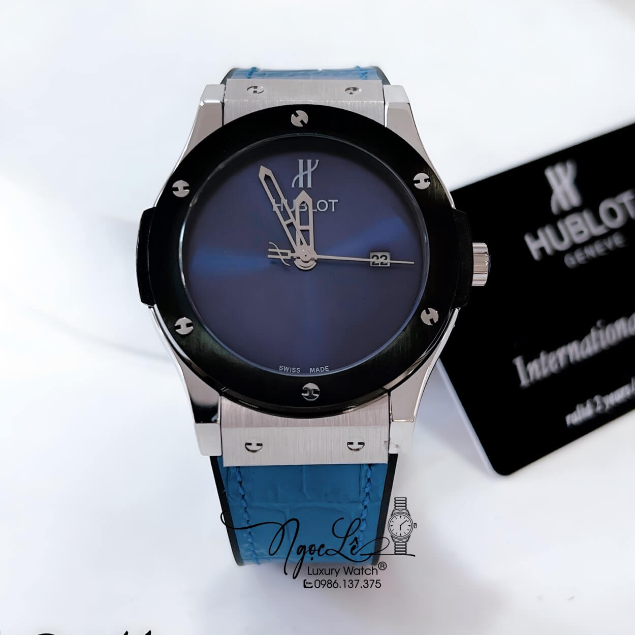 Đồng Hồ Hublot Classic Fusion Nam Máy Pin Dây Da Silicon Xanh Navy Vỏ Thép Đen Size 42mm