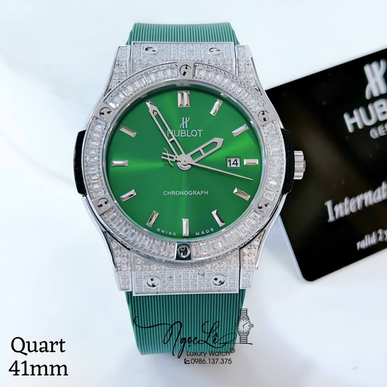 Đồng Hồ Hublot Classic Fusion Nam Dây Silicon Xanh Lá Đính Đá Ống Vỏ Silver Size 41mm