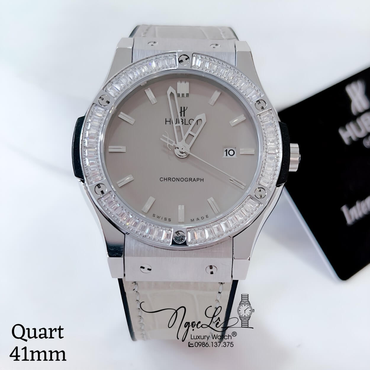 Đồng Hồ Hublot Classic Fusion Nam Dây Da Silicon Xám Đính Đá Vỏ Silver Size 41mm