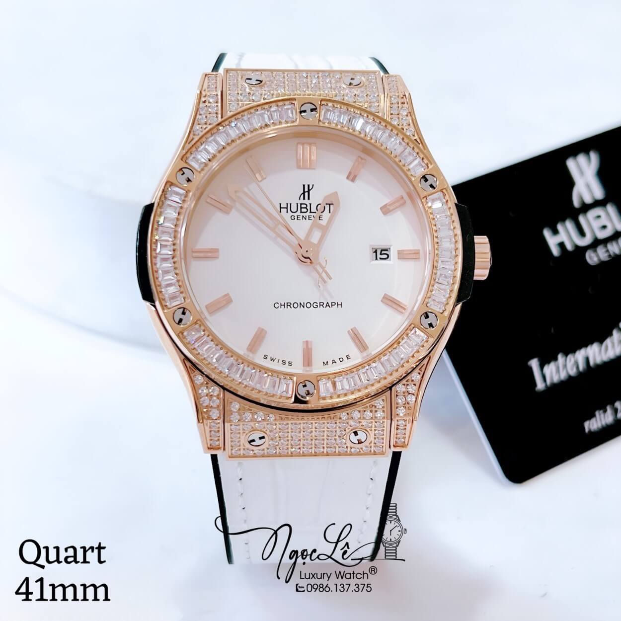 Đồng Hồ Hublot Classic Fusion Nam Dây Da Silicon Trắng Đính Đá Ống Vỏ Rose Size 41mm