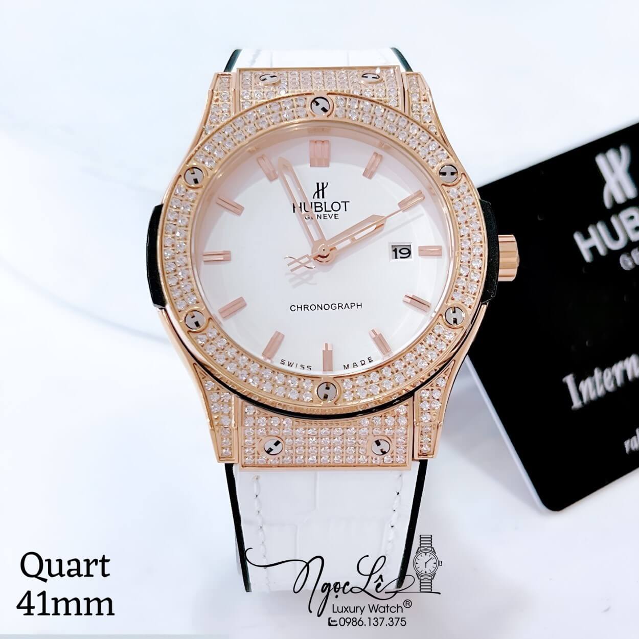 Đồng Hồ Hublot Classic Fusion Nam Dây Da Silicon Trắng Đính Đá Mịn Vỏ Rose Size 41mm