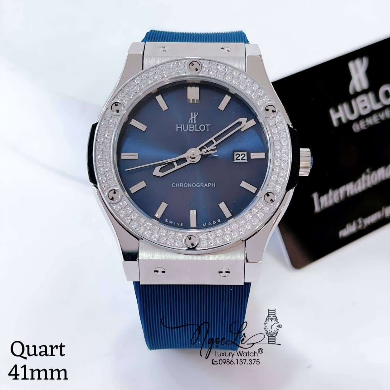 Đồng Hồ Hublot Classic Fusion Nam Dây Silicon Xanh Navy Đính Đá Vỏ Silver Size 41mm