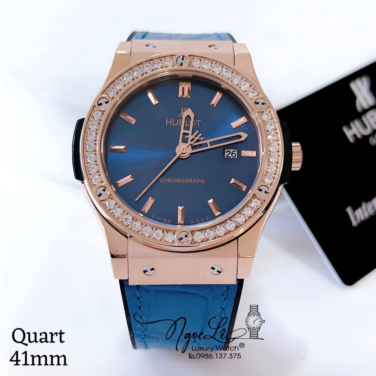 Đồng Hồ Hublot Classic Fusion Nam Dây Da Silicon Xanh Navy Đính Đá Vỏ Rose Size 41mm