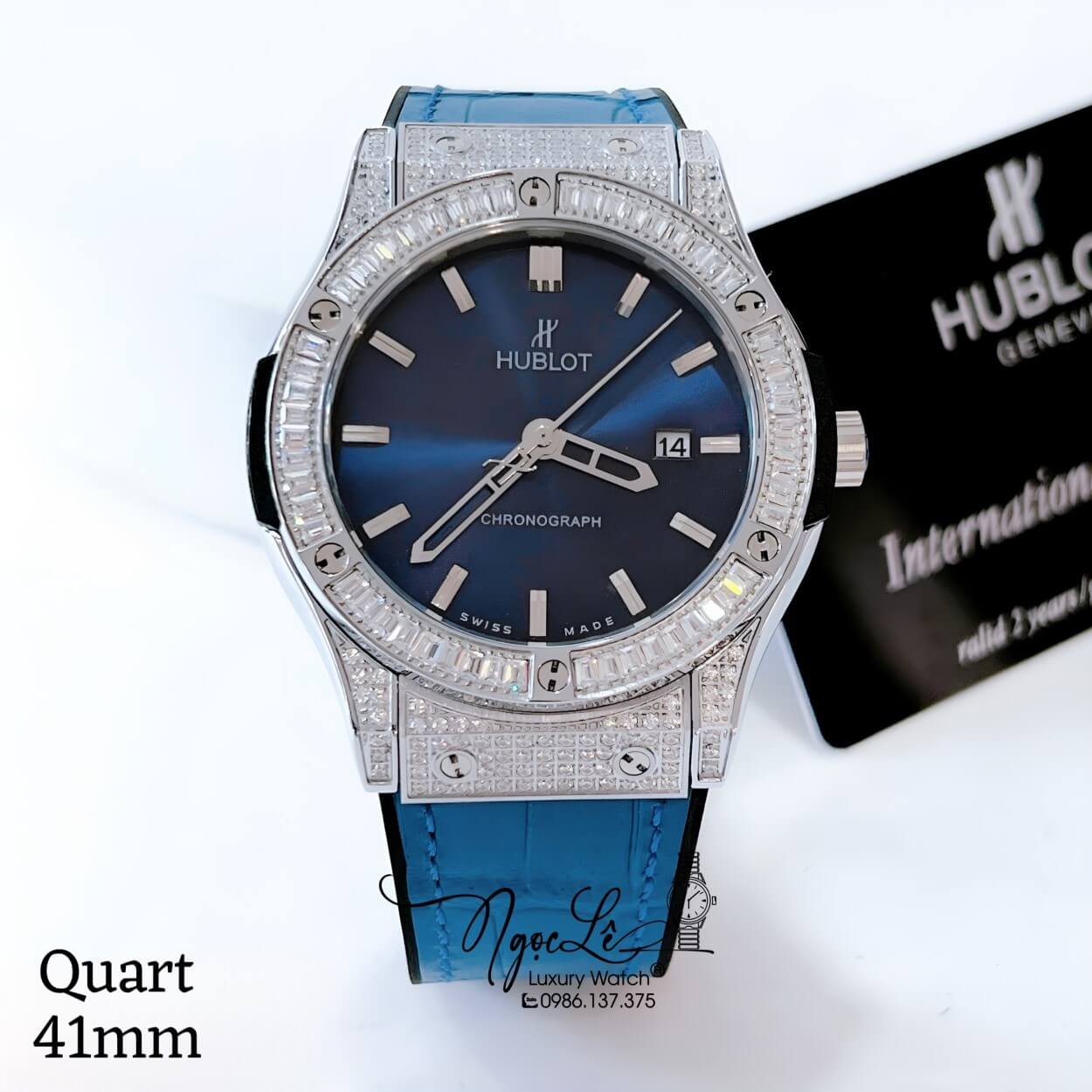 Đồng Hồ Hublot Classic Fusion Nam Dây Da Silicon Xanh Navy Đính Đá Vỏ Silver Size 41mm