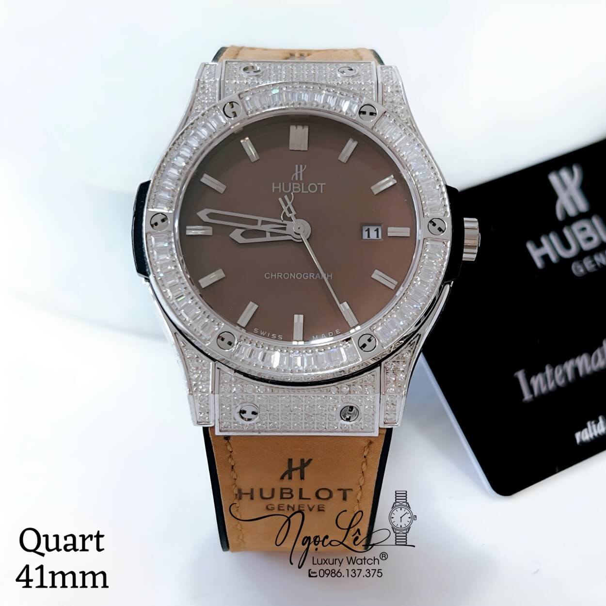 Đồng Hồ Hublot Classic Fusion Nam Dây Da Silicon Nâu Bò Đính Đá Vỏ Silver Size 41mm