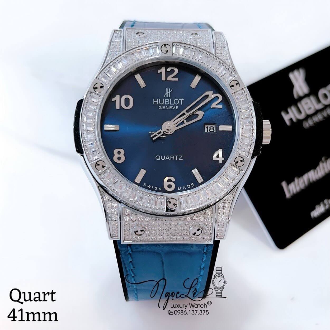 Đồng Hồ Hublot Classic Fusion Nam Dây Da Silicon Xanh Navy Đính Đá Vỏ Silver Size 41mm