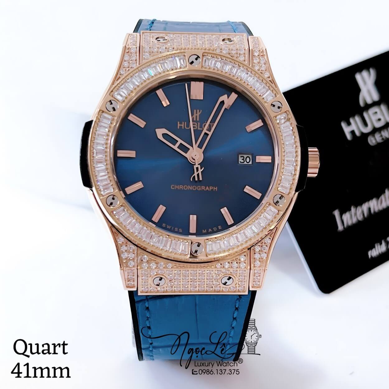 Đồng Hồ Hublot Classic Fusion Nam Dây Da Silicon Xanh Navy Đính Đá Ống Vỏ Rose Size 41mm