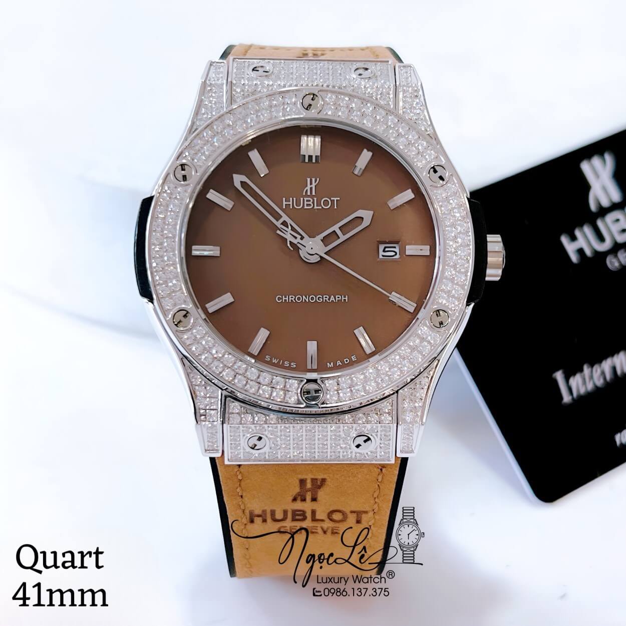 Đồng Hồ Hublot Classic Fusion Nam Dây Da Silicon Nâu Bò Đính Đá Mịn Vỏ Silver 41mm