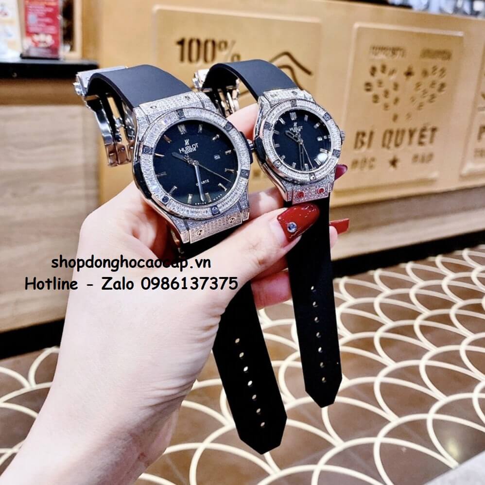 Đồng Hồ Cặp Hublot Classic Fusion Quartz Dây Silicon Đen Mặt Đen