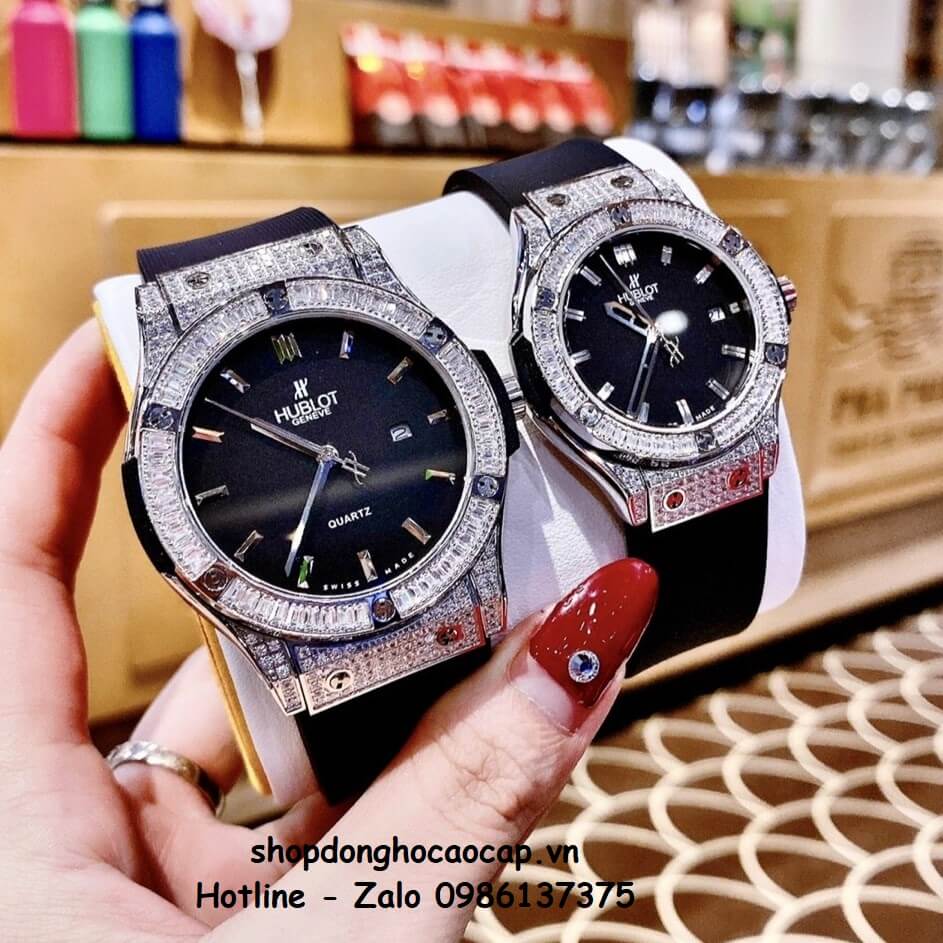 Đồng Hồ Cặp Hublot Classic Fusion Quartz Dây Silicon Đen Mặt Đen