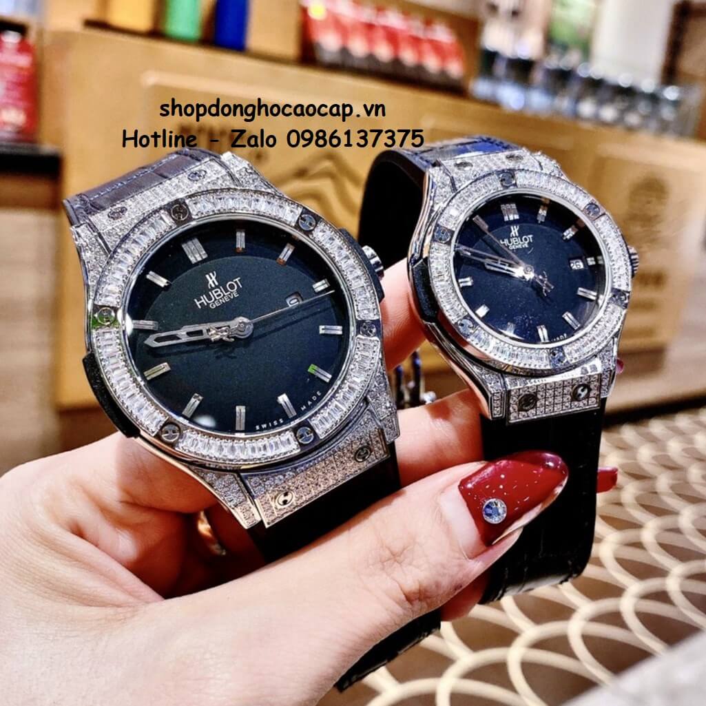 Đồng Hồ Cặp Hublot Classic Fusion Quartz Dây Da Silicon Đen Mặt Đen