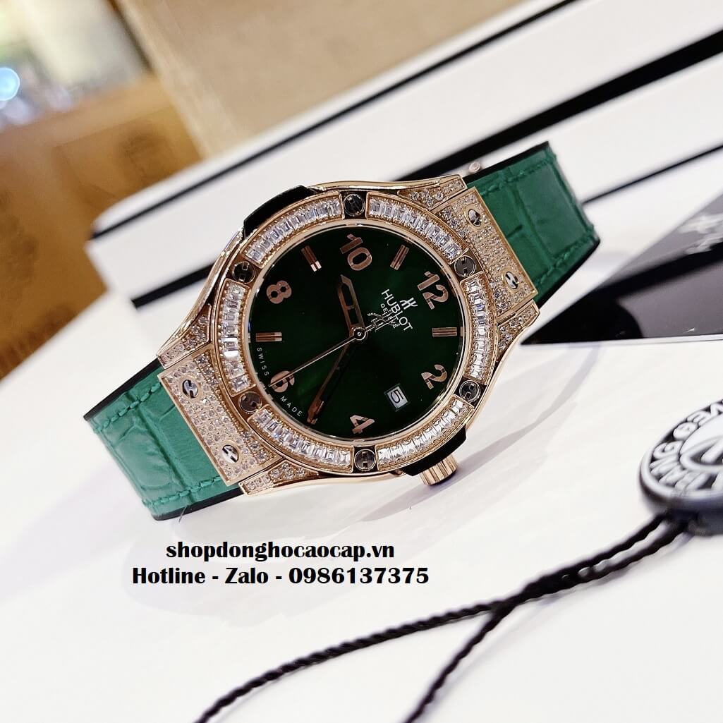 Đồng Hồ Cặp Hublot Classic Fusion Quartz Da Silicon Xanh Lá Đính Đá