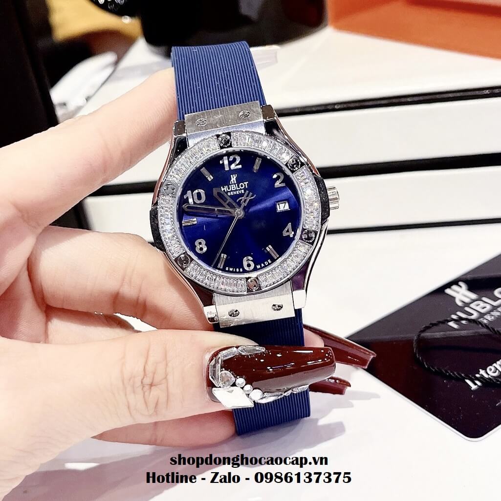 Đồng Hồ Hublot Classic Fusion Nữ Dây Silicon Xanh Dương 34mm Đính Đá