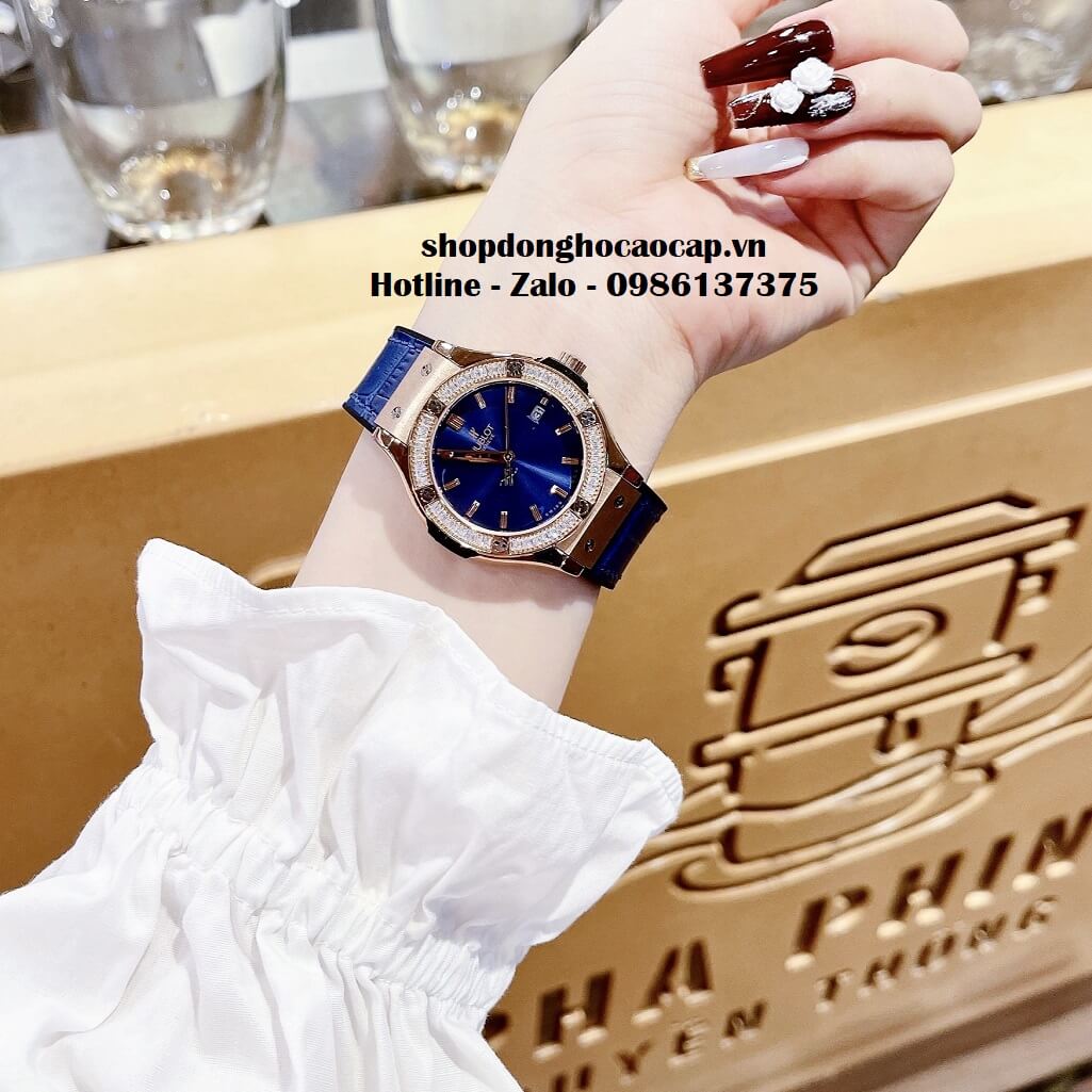 Đồng Hồ Hublot Classic Fusion Nữ Dây Da Silicon Xanh Dương Rose 34mm Đính Đá