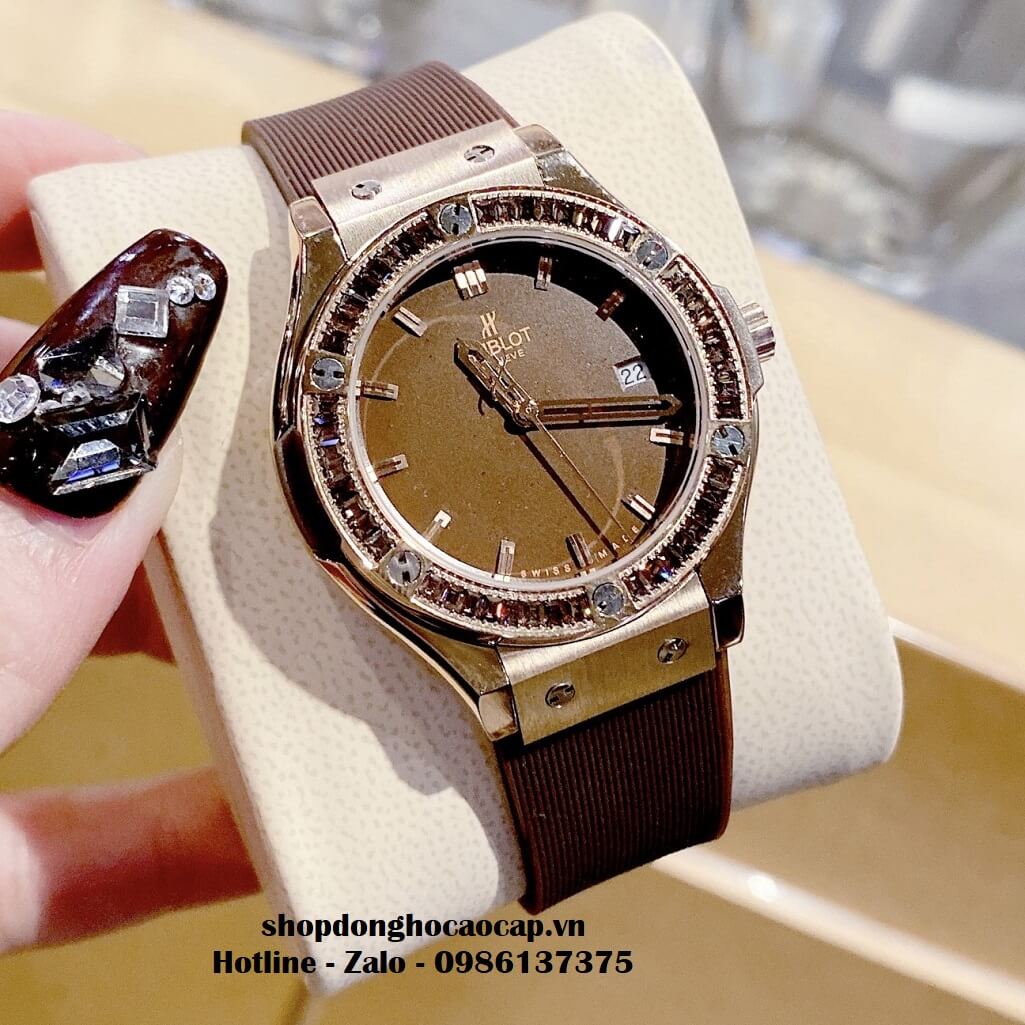 Đồng Hồ Hublot Classic Fusion Nữ Dây Silicon Nâu 34mm Đính Đá