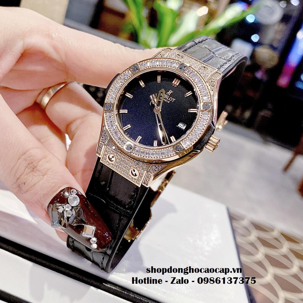 Đồng Hồ Hublot Classic Fusion Nữ Dây Da Silicon Đen Vỏ Vàng 34mm Đính Đá