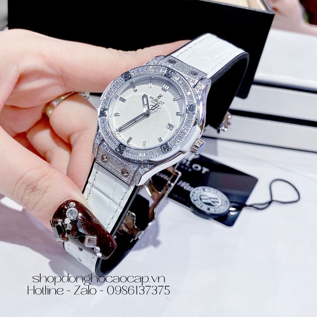 Đồng Hồ Hublot Classic Fusion Nữ Dây Da Silicon Trắng 34mm Đính Đá