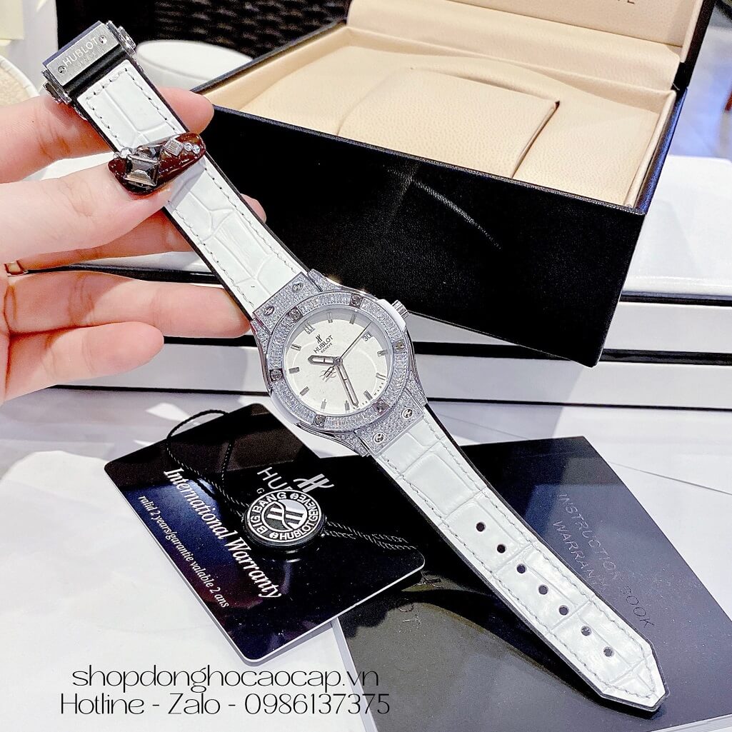 Đồng Hồ Hublot Classic Fusion Nữ Dây Da Silicon Trắng 34mm Đính Đá